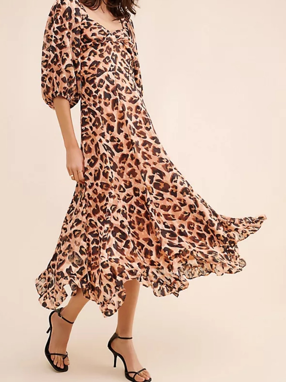 Leopard Print Midi Dress with Puff Sleeves - Taupe Brown